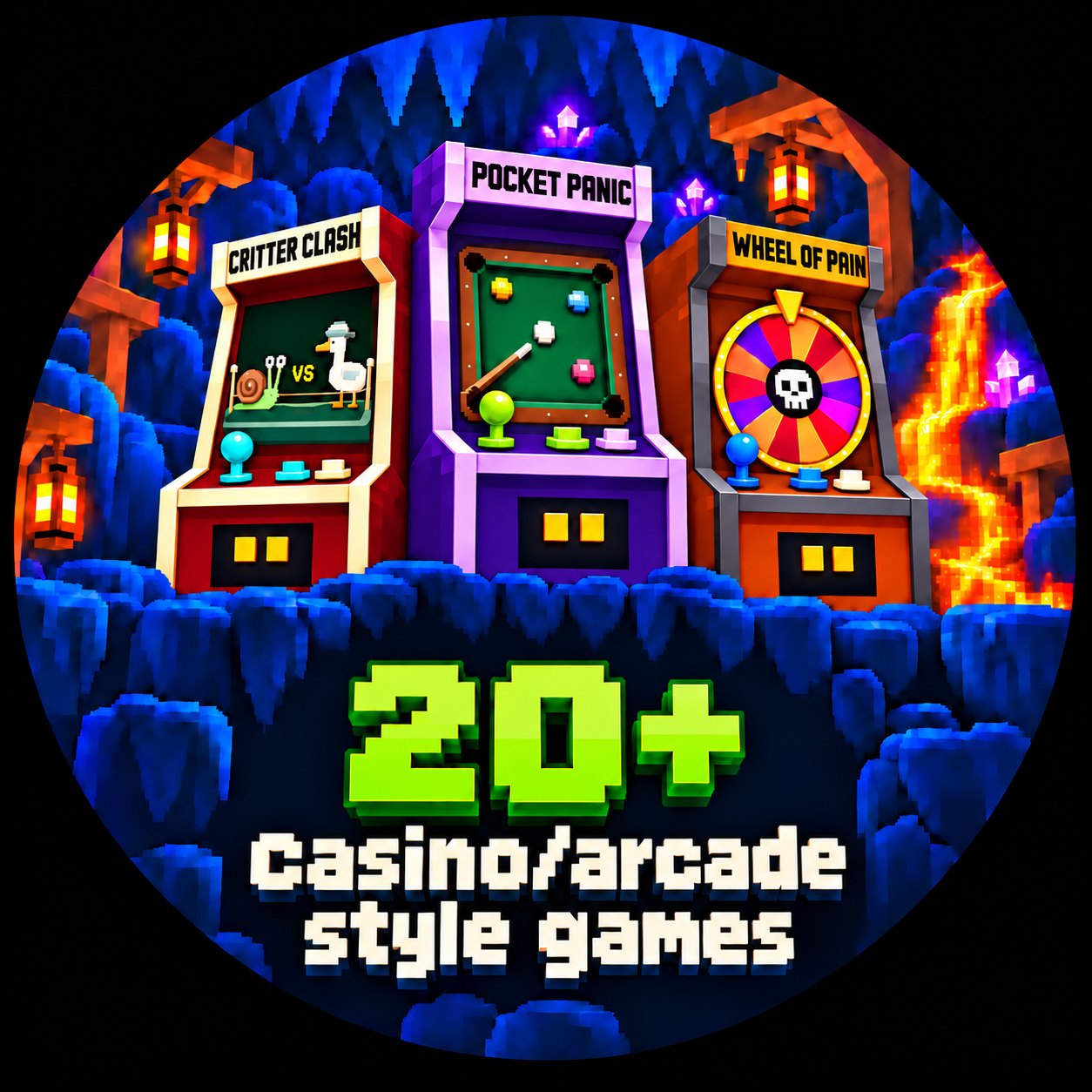 20+ casino/arcade style games: red Critter Clash, purple Pocket Panic and orange Wheel of Pain cabinets with contrasting buttons in a lava cavern.