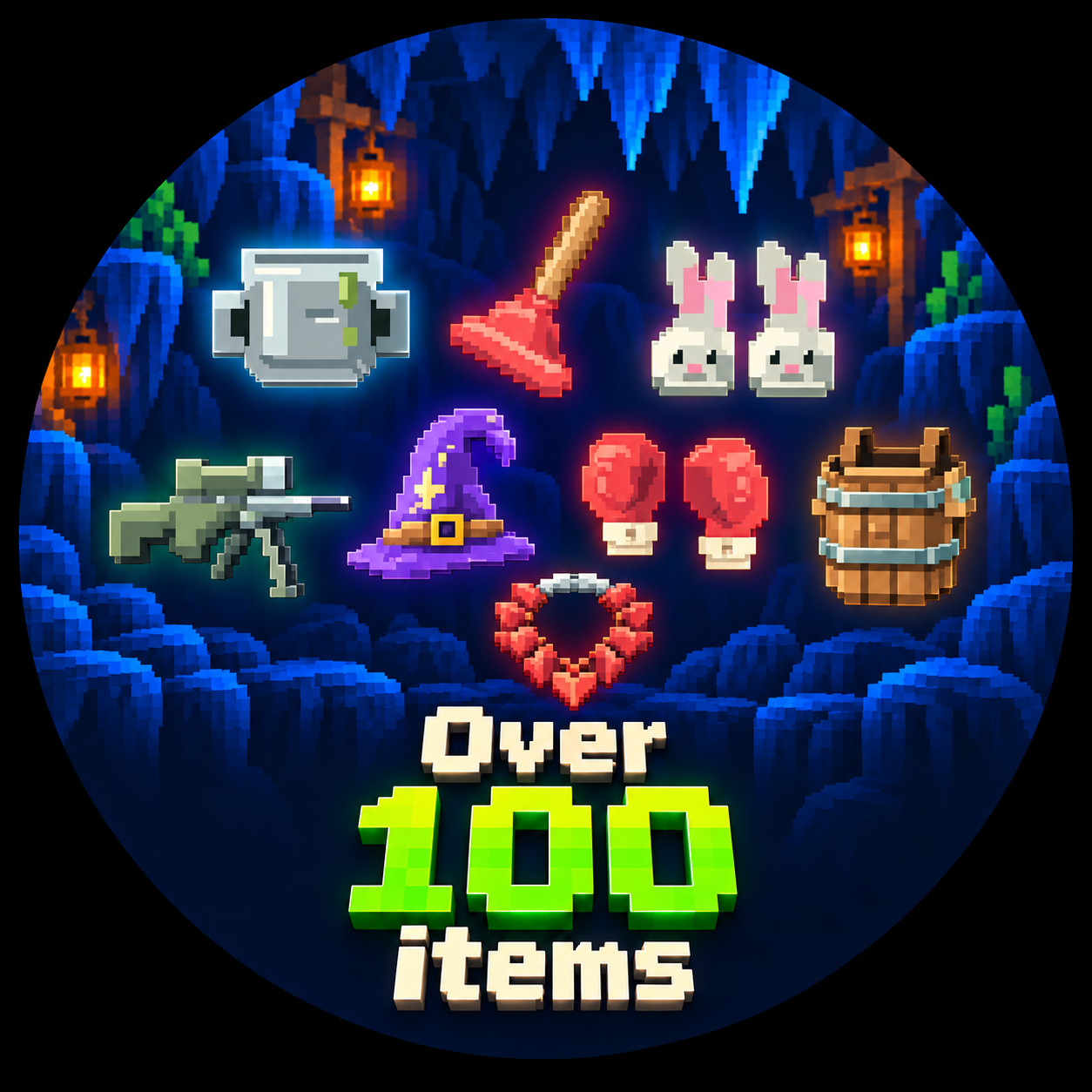 Over 100 items, illustrated with game equipment including a soup pot, plunger, bunny slippers and rifle.