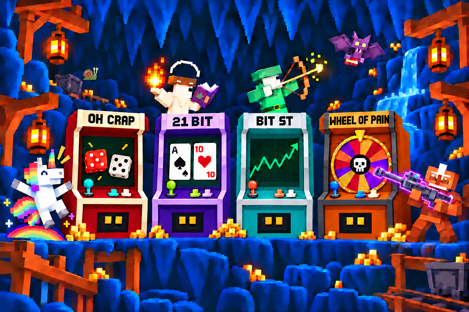 The cleric holds a bright fireball and purple spellbook above the 21BIT cabinet. A rainbow unicorn jumps beside red Oh Crap, purple 21BIT, teal BIT ST, and orange Wheel of Pain cabinets while the orange titan aims a glowing purple .50 cal on the right. Four lanterns frame the blue cavern, with scattered gold and a tiny snail above the left mine-cart track.