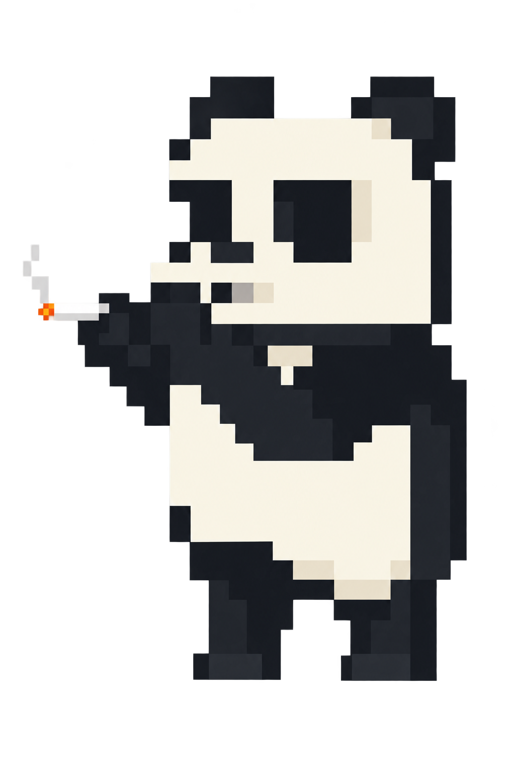 A black-and-white pixel-art panda holding a lit cigarette with a tiny glowing ember and a wisp of smoke.