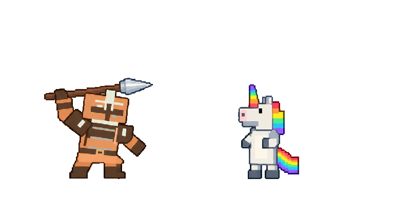 The Titan defeats a unicorn with his spear, dropping a wizard hat and plunger. Grunt arrives with a flamethrower and the Titan drops a soup pot and barrel.